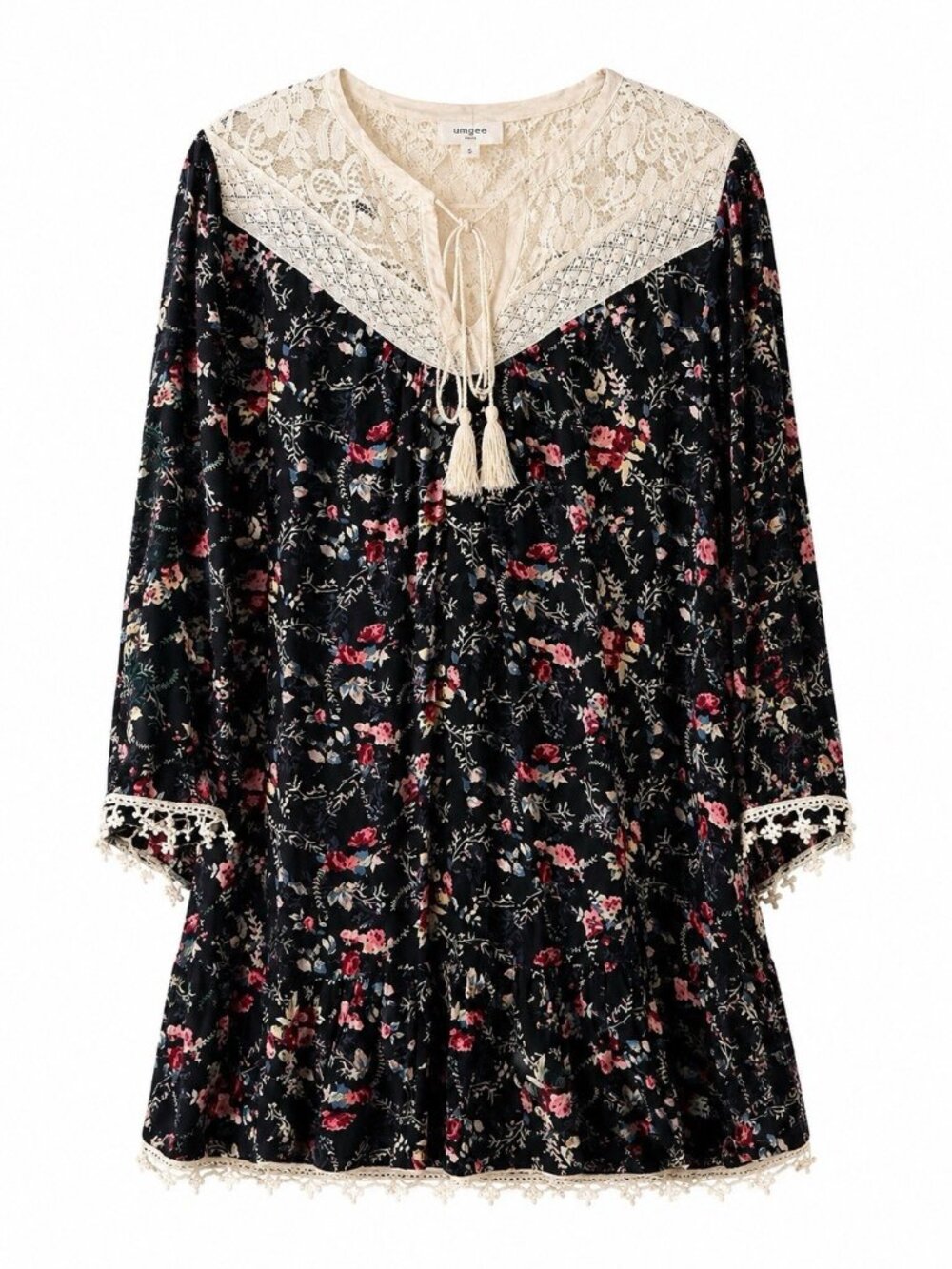Umgee Women Boho Floral Tunic Top V-Neck Lace Tassel Long Sleeve Size Medium